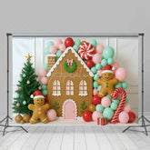Aperturee Aperturee Christmas Gingerbread House Photography Backdrop Pastel Balloon Garland and Xmas Tree Kids Holiday Photo Prop